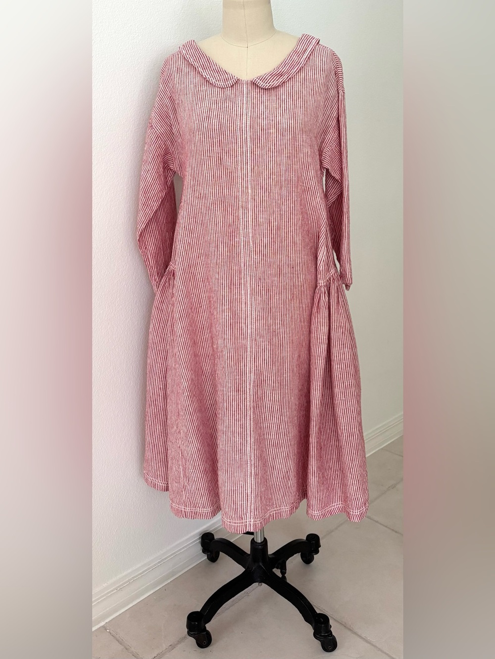 Meg by Design Linen Midi Dress Red and White Pin Striped Long Sleeves Relaxed S